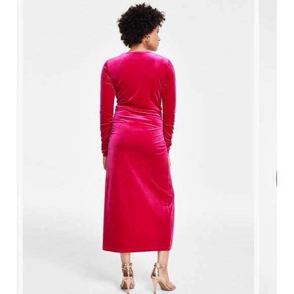 Sam Edelman Womens Ruched Red Velvet Long-Sleeve Midi Dress Size 4 New With Tags - Picture 2 of 6